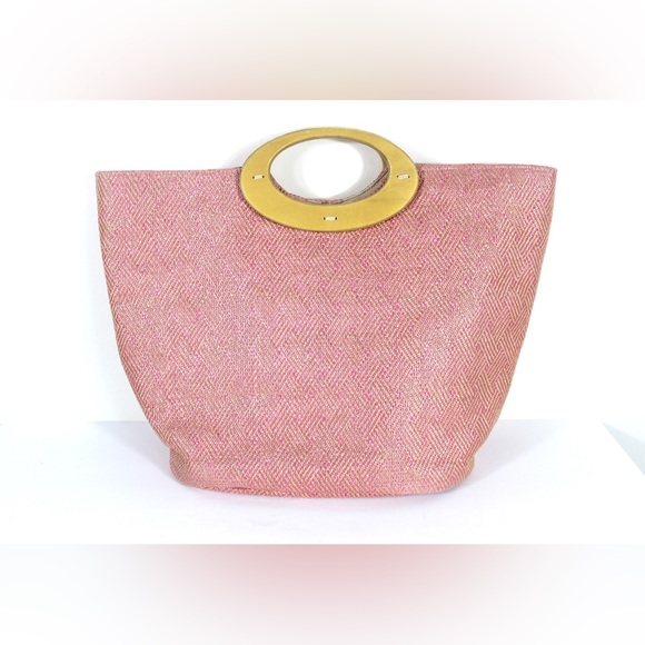 Vintage Handbags - Large Pink Woven Straw Market Tote Bag Wood Handles Beach Bag Sisal Wicker